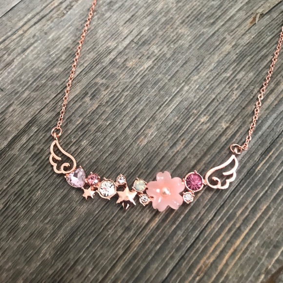 ❤️ 3/$25 Rose gold and pink stone winged flowers necklace gems NWOT wings anime - Picture 2 of 5